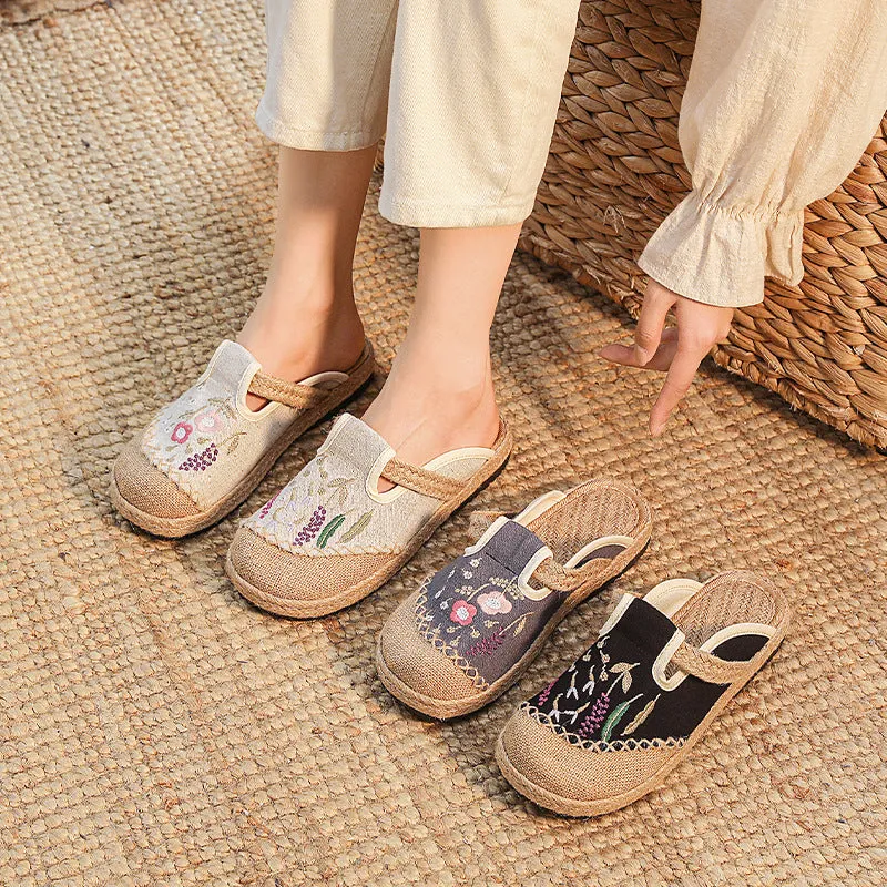 The Silver Slippers Elizabeth Koda Callan Summer New Ethnic Style Embroidered Slippers Women's Beef Tendon Bottom Cloth Shoes Women Hand-woven Linen Straw Shoes