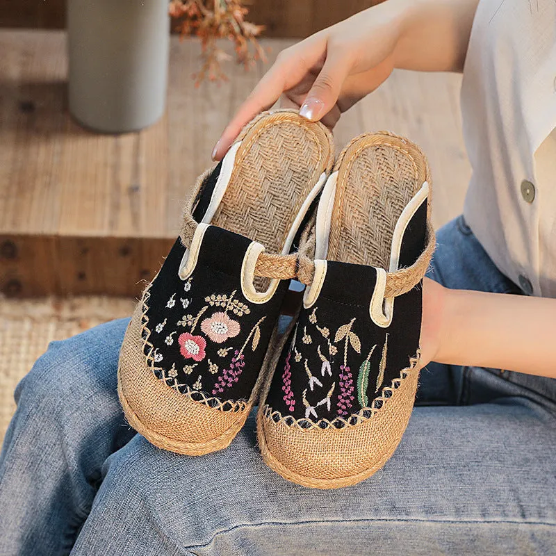 Slippers With Nut In Logo Summer New Ethnic Style Embroidered Slippers Women's Beef Tendon Bottom Cloth Shoes Women Hand-woven Linen Straw Shoes