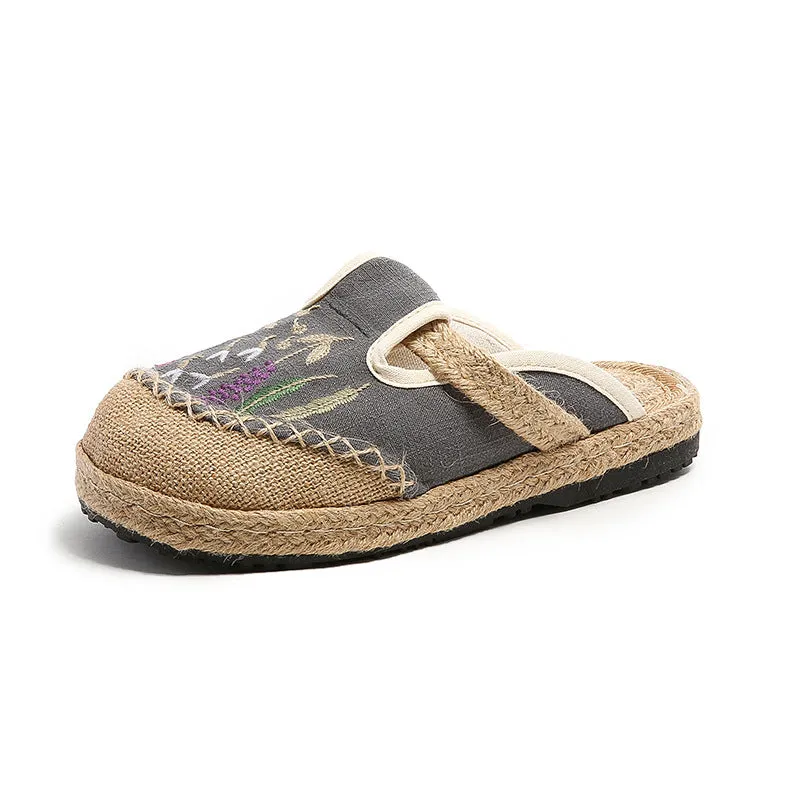 Slide Shoe Summer New Ethnic Style Embroidered Slippers Women's Beef Tendon Bottom Cloth Shoes Women Hand-woven Linen Straw Shoes
