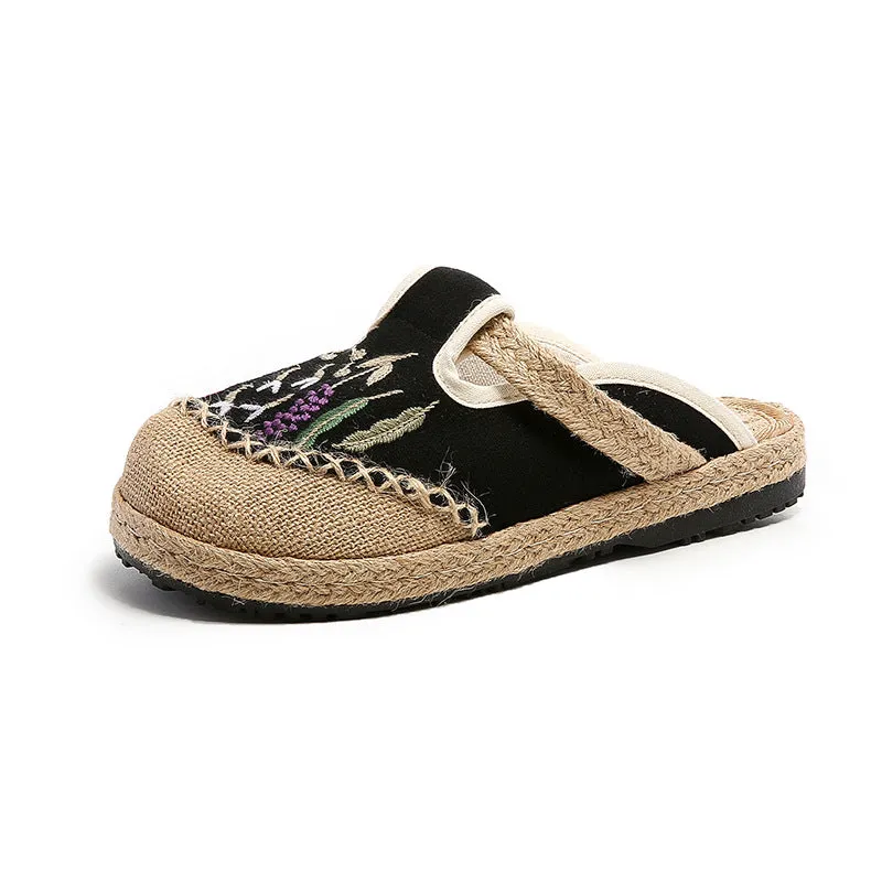 Good Indoor Slippers Summer New Ethnic Style Embroidered Slippers Women's Beef Tendon Bottom Cloth Shoes Women Hand-woven Linen Straw Shoes