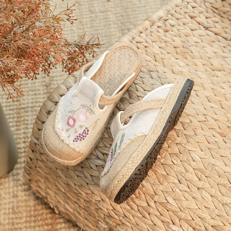 Summer New Ethnic Style Embroidered Slippers Women's Beef Tendon Bottom Cloth Shoes Women Hand-woven Linen Straw Shoes Slippers With Back Strap