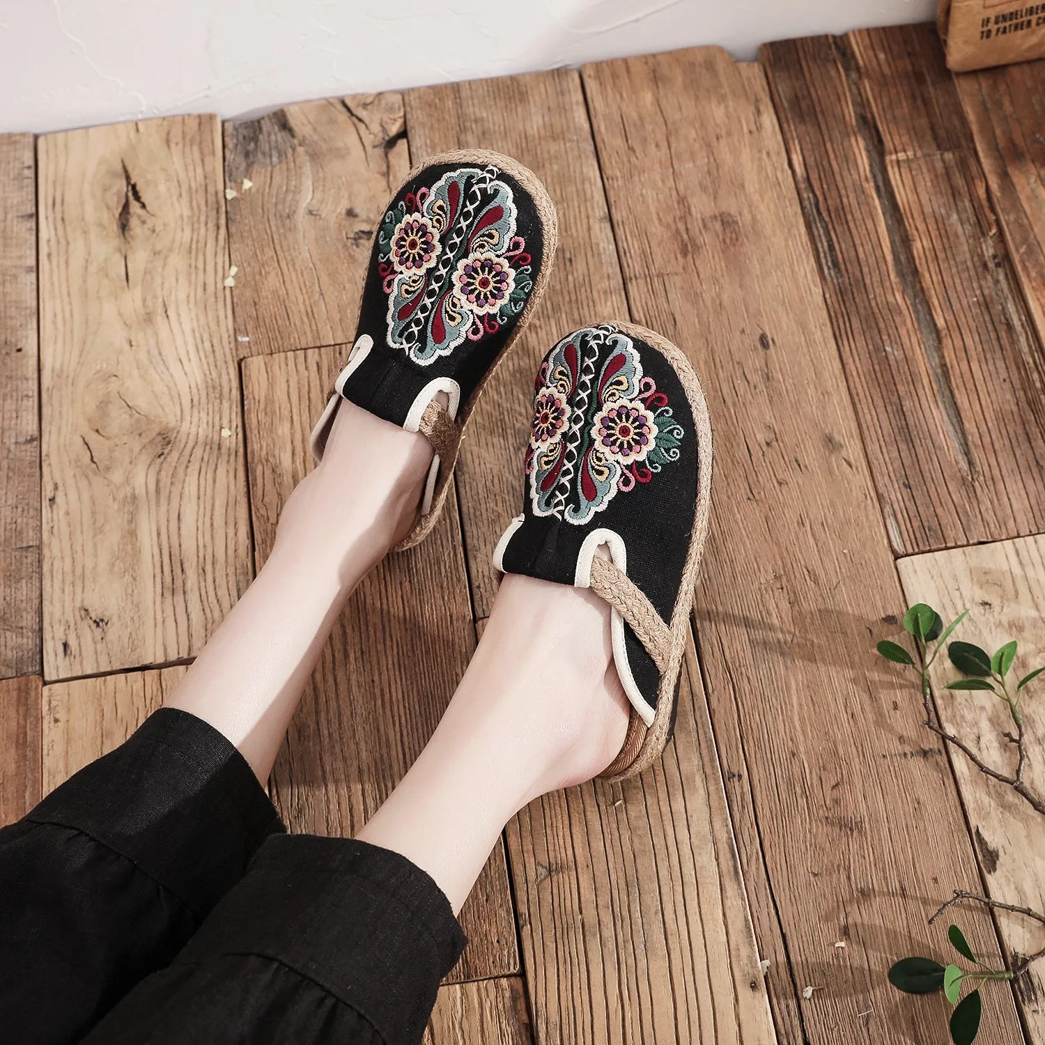 Slides Shoes Cheap Summer Slippers Hand-woven Flower Embroidered Mules