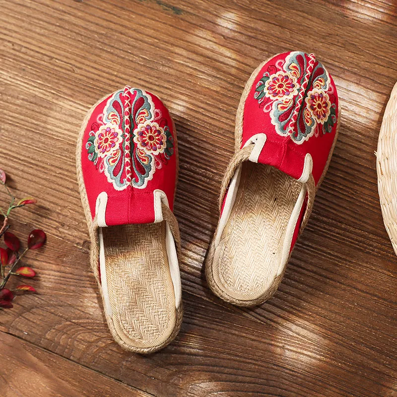 Summer Slippers Hand-woven Flower Embroidered Mules Sleeping Slippers