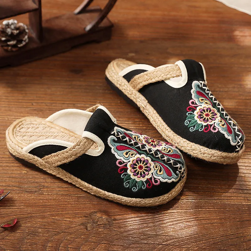 Summer Slippers Hand-woven Flower Embroidered Mules Lamo Footwear Slippers