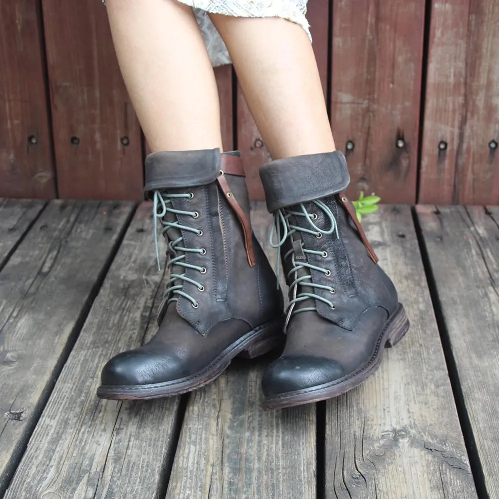 Retro Short Boots Women Handmade Genuine Leather Martin Boots Women Biker Boots Black No Heel Oxfords