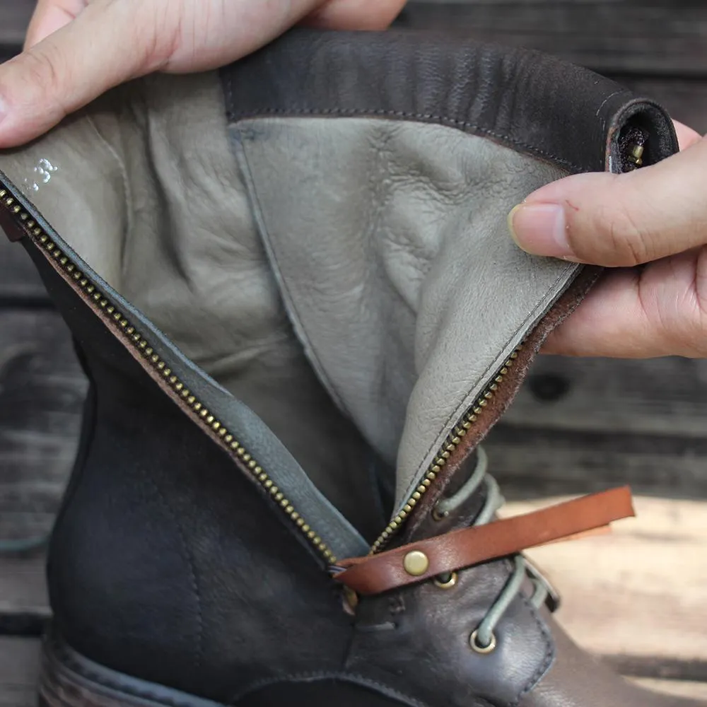 Retro Short Boots Women Handmade Genuine Leather Martin Boots Women Biker Boots Black Plain-toe Oxfords