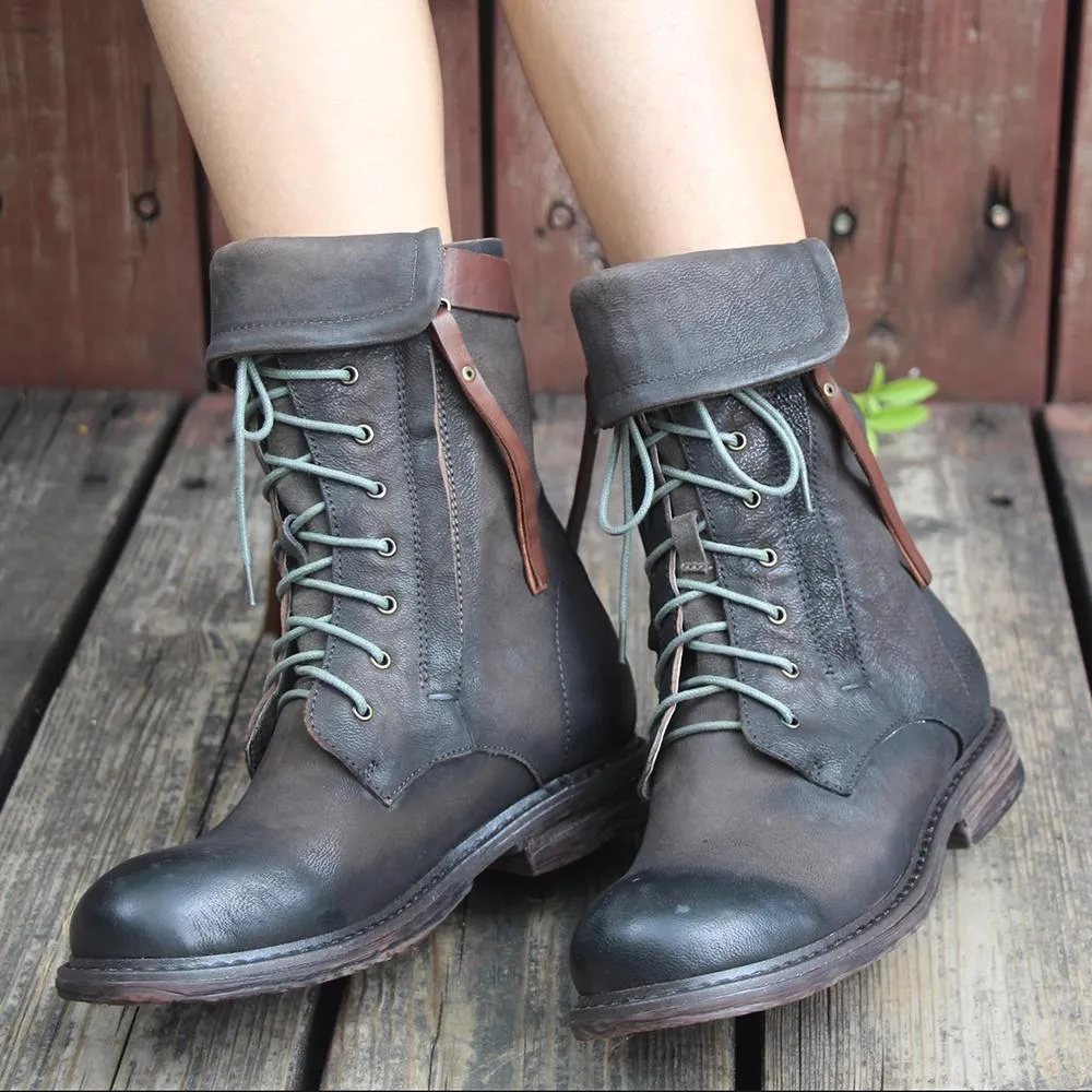 Retro Short Boots Women Handmade Genuine Leather Martin Boots Women Biker Boots Black Oxford Heels Lace Up