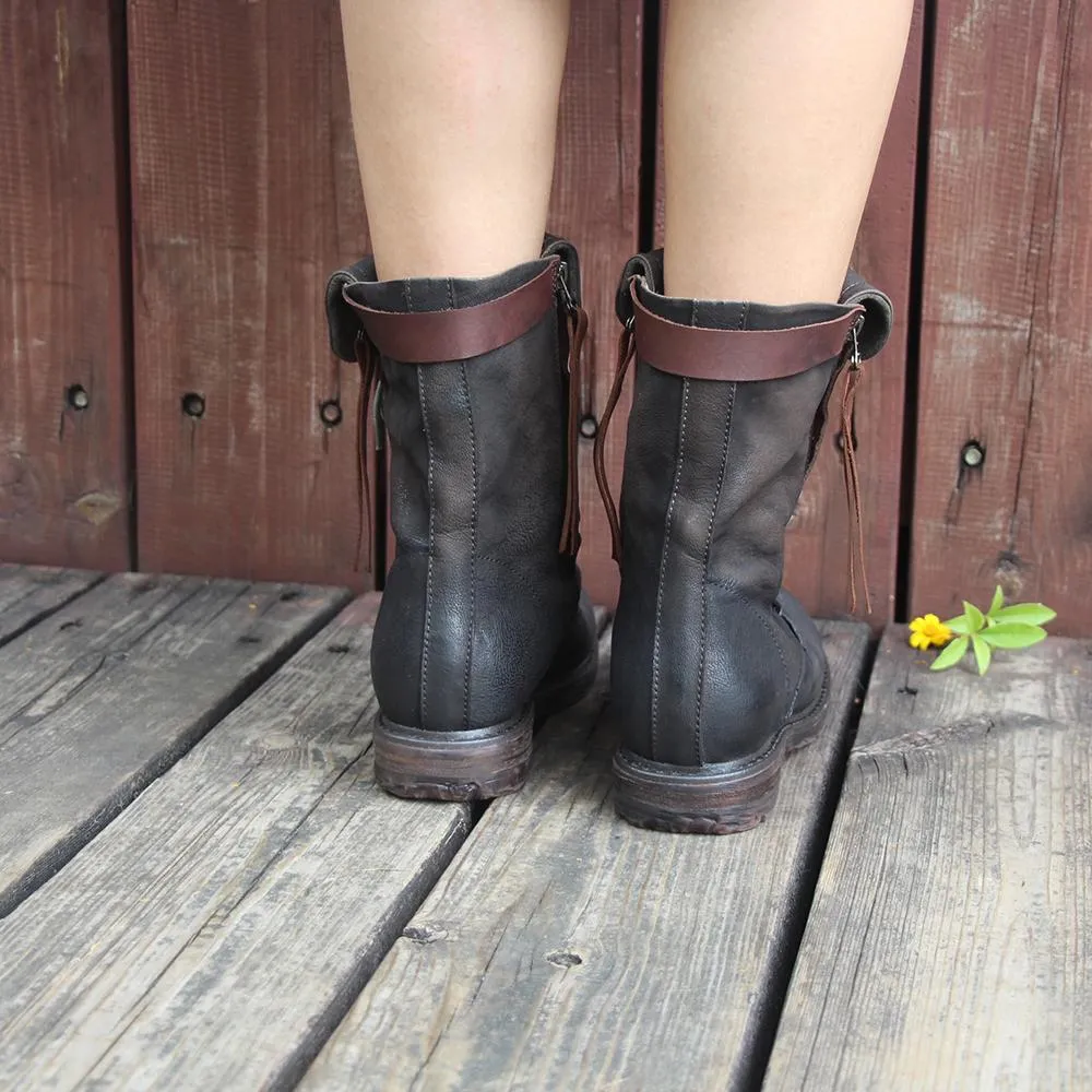 Summer Oxford Retro Short Boots Women Handmade Genuine Leather Martin Boots Women Biker Boots Black