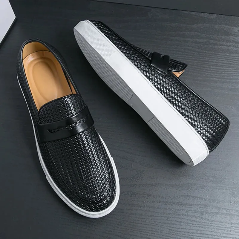 Best Shoe Width For Flat Feet Fashion Slip On Loafers Men Shoes Board Soft Casual Leather Shoes Men Sneakers Party Weave Pattern Shoes For Man Flat Free
