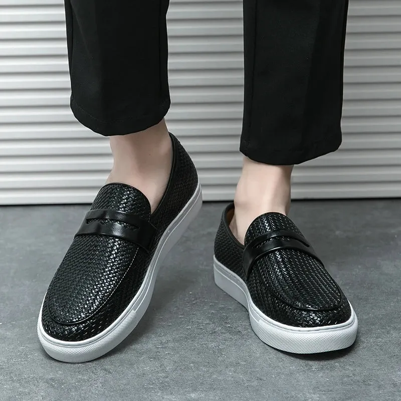 Comfortable Dress Shoes Fashion Slip On Loafers Men Shoes Board Soft Casual Leather Shoes Men Sneakers Party Weave Pattern Shoes For Man Flat Free