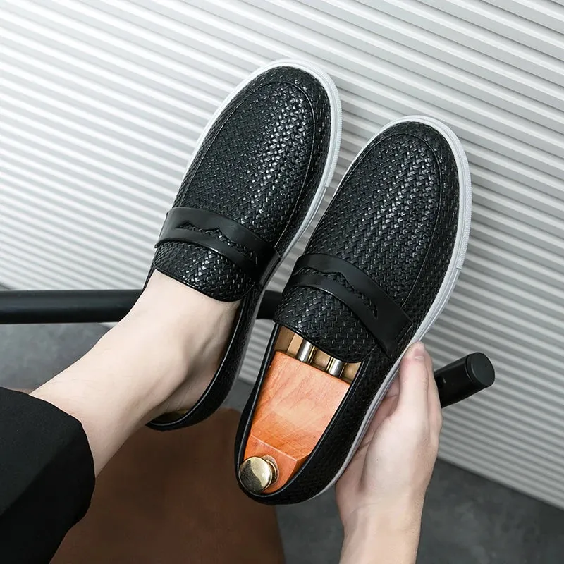 Fashion Slip On Loafers Men Shoes Board Soft Casual Leather Shoes Men Sneakers Party Weave Pattern Shoes For Man Flat Free Flat Closed Toe Dress Shoes