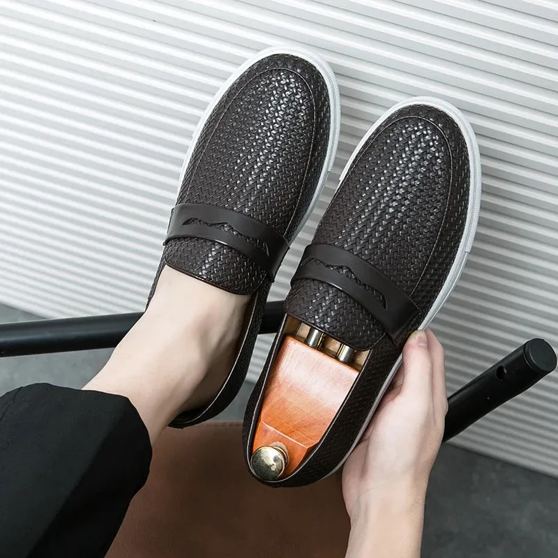 Fashion Slip On Loafers Men Shoes Board Soft Casual Leather Shoes Men Sneakers Party Weave Pattern Shoes For Man Flat Free Flat Shoes And Back Pain