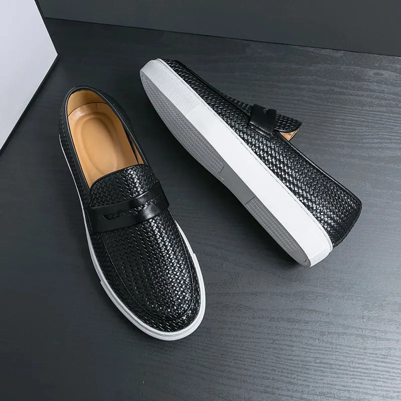Fashion Slip On Loafers Men Shoes Board Soft Casual Leather Shoes Men Sneakers Party Weave Pattern Shoes For Man Flat Free Flat Shoes With Small Heel