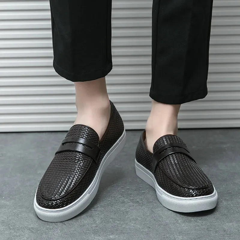 Most Comfortable Shoes Flats Fashion Slip On Loafers Men Shoes Board Soft Casual Leather Shoes Men Sneakers Party Weave Pattern Shoes For Man Flat Free