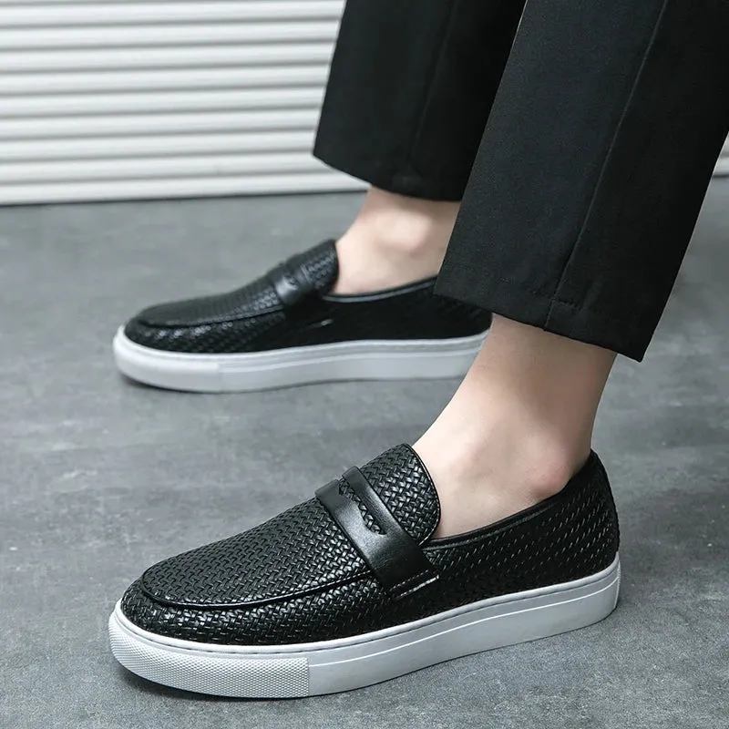 For Flat And Wide Feet Fashion Slip On Loafers Men Shoes Board Soft Casual Leather Shoes Men Sneakers Party Weave Pattern Shoes For Man Flat Free