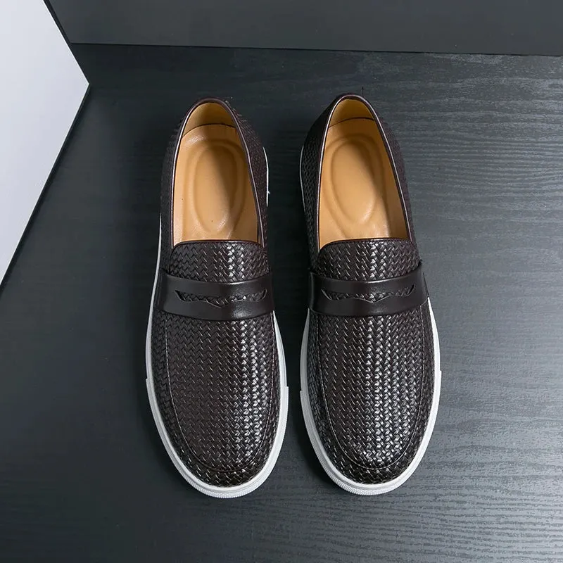 Dress Shoes Flats Fashion Slip On Loafers Men Shoes Board Soft Casual Leather Shoes Men Sneakers Party Weave Pattern Shoes For Man Flat Free