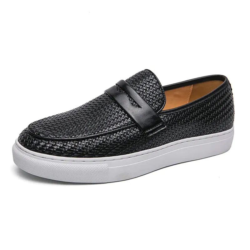 Good Flat Shoes For Lifting Fashion Slip On Loafers Men Shoes Board Soft Casual Leather Shoes Men Sneakers Party Weave Pattern Shoes For Man Flat Free