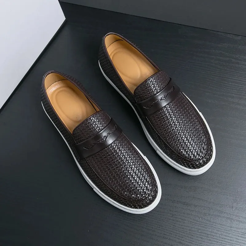 Fashion Slip On Loafers Men Shoes Board Soft Casual Leather Shoes Men Sneakers Party Weave Pattern Shoes For Man Flat Free Cross Country Shoes For Flat Feet