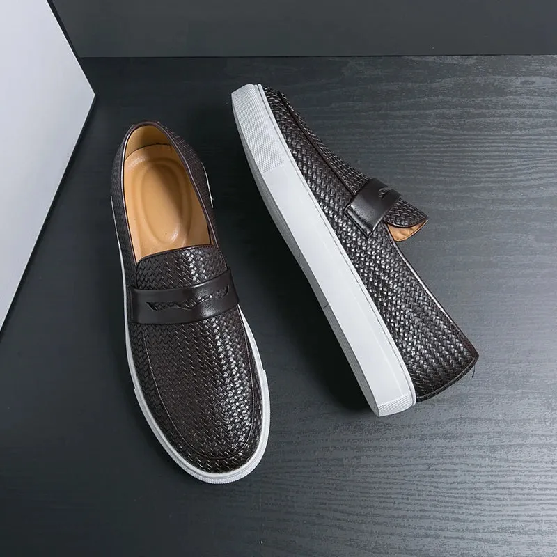 Fashion Slip On Loafers Men Shoes Board Soft Casual Leather Shoes Men Sneakers Party Weave Pattern Shoes For Man Flat Free Flat Shoe Box