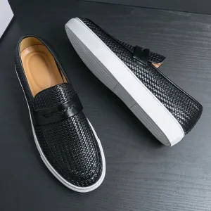 Fashion Slip On Loafers Men Shoes Board Soft Casual Leather Shoes Men Sneakers Party Weave Pattern Shoes For Man Flat Free Fast Flats Shoes