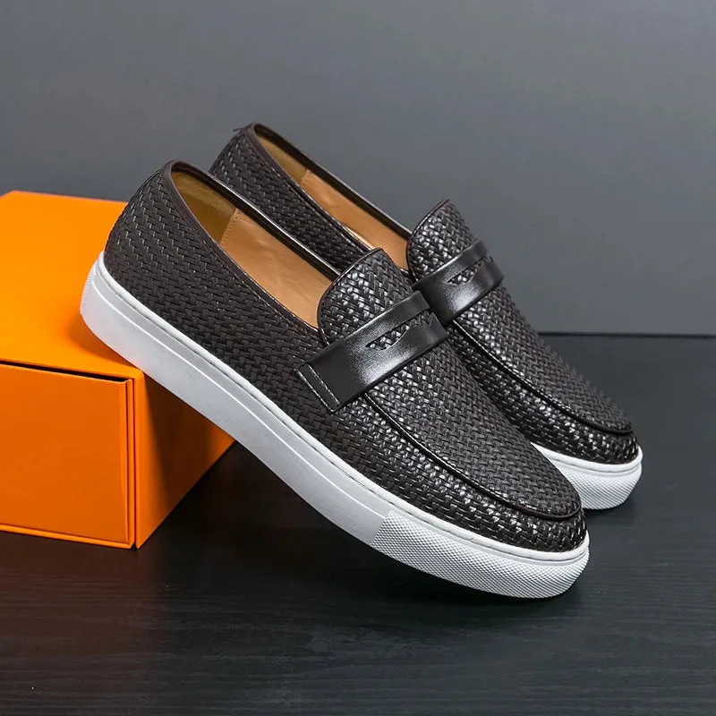 Fashion Slip On Loafers Men Shoes Board Soft Casual Leather Shoes Men Sneakers Party Weave Pattern Shoes For Man Flat Free Flat Shoes Sale