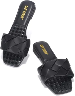 Cape Robbin Deja Woven Mules Slip On Flat Squared Open Toe Slides Sandals Black 90s Sandals