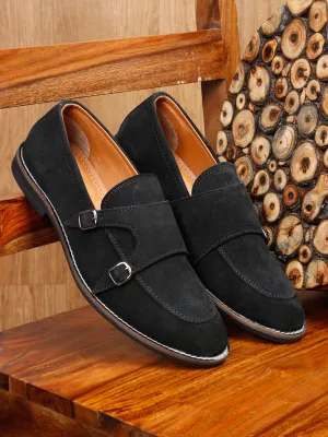 Mango Suede Loafers Teakwood Leather Men Solid Black Round-Toe Monks