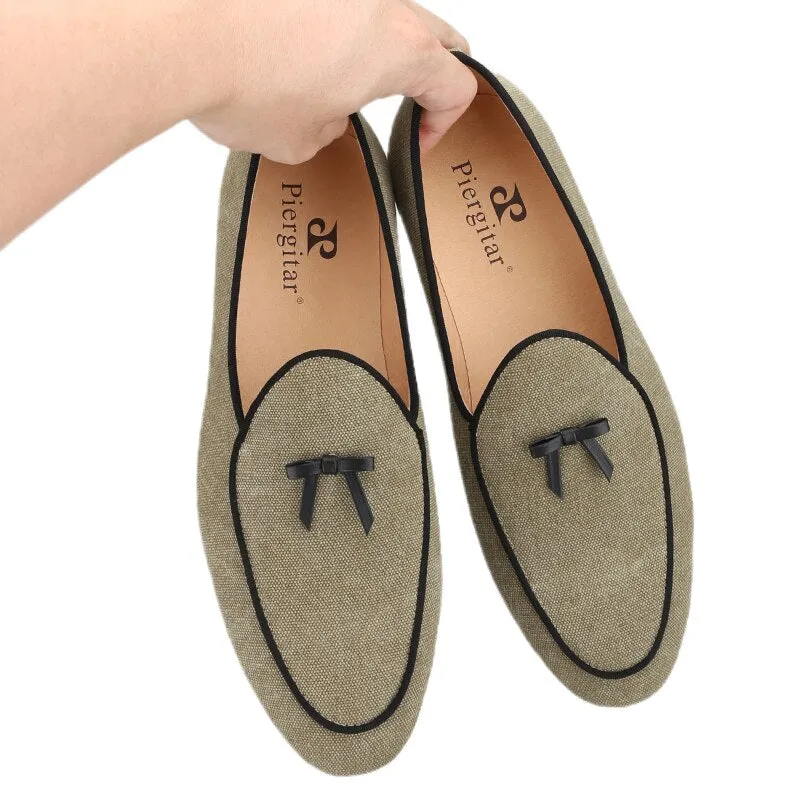Silly House Slippers Three Colors Raw Cotton Canvas Belgian Loafers With Calfskin Flat Bows Handmade Slip-On Classic