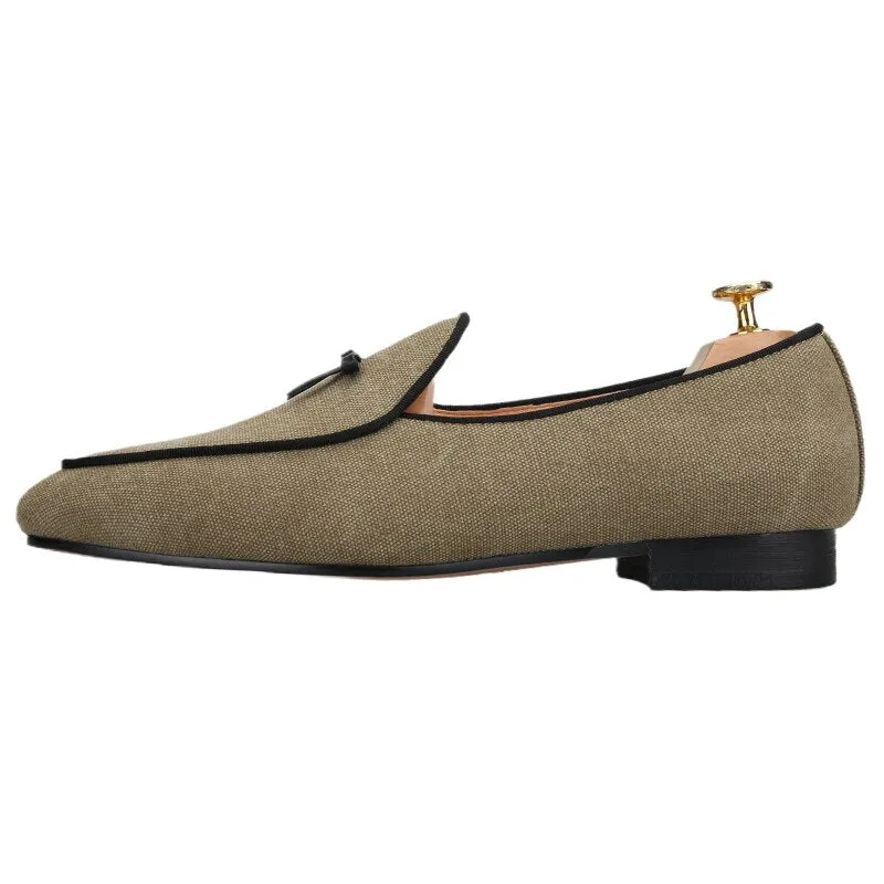Slippers Cotton Three Colors Raw Cotton Canvas Belgian Loafers With Calfskin Flat Bows Handmade Slip-On Classic