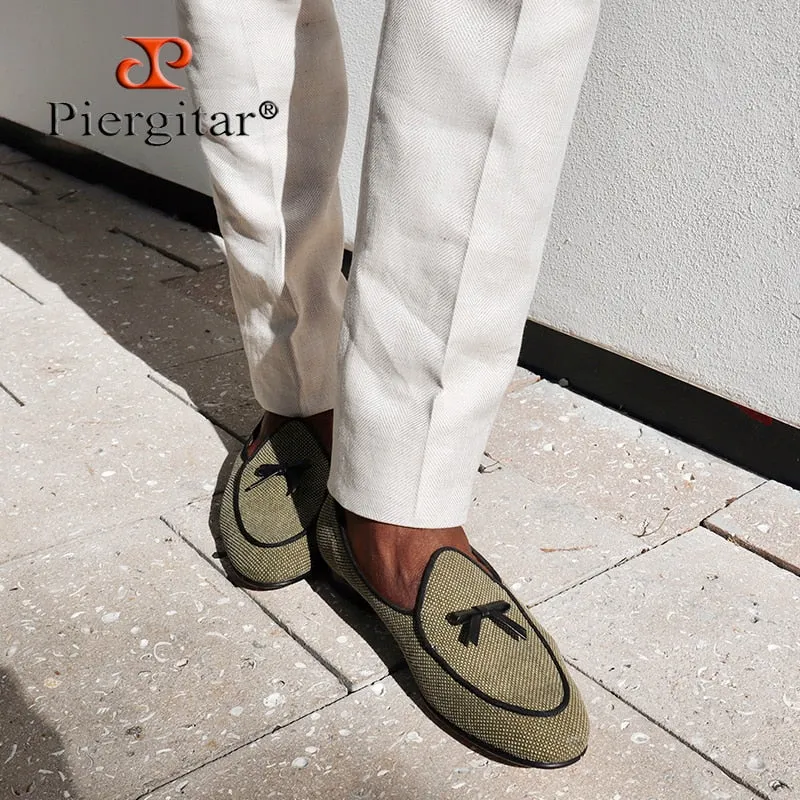 Three Colors Raw Cotton Canvas Belgian Loafers With Calfskin Flat Bows Handmade Slip-On Classic Open Toe House Slippers