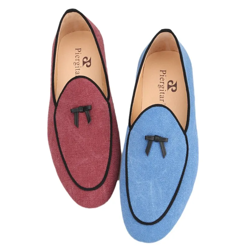 Strapped Slippers Three Colors Raw Cotton Canvas Belgian Loafers With Calfskin Flat Bows Handmade Slip-On Classic