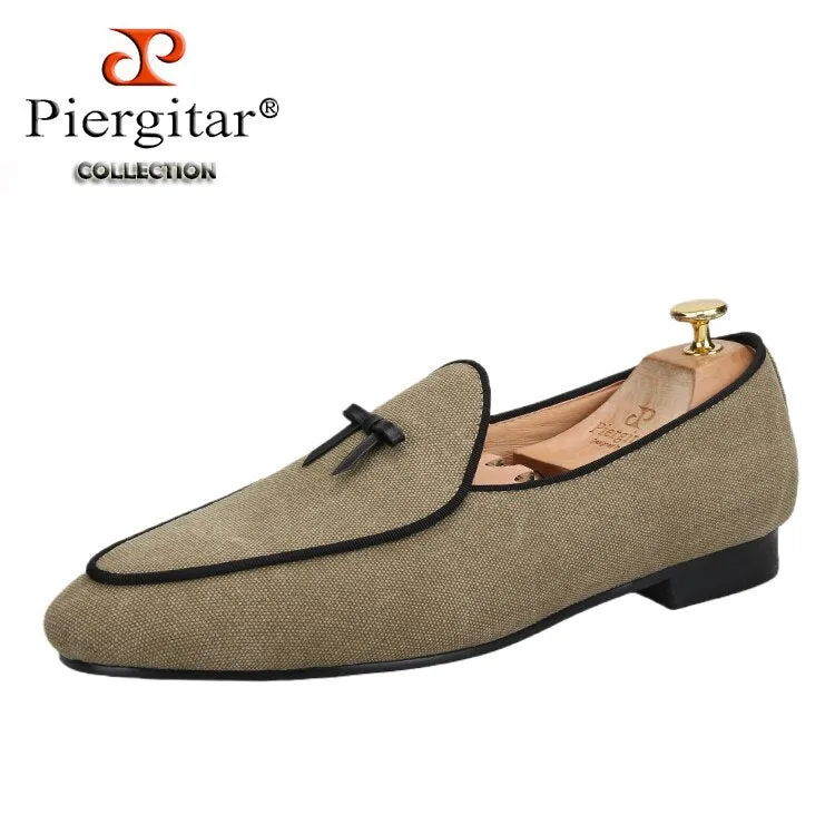 Three Colors Raw Cotton Canvas Belgian Loafers With Calfskin Flat Bows Handmade Slip-On Classic Turkey Slippers