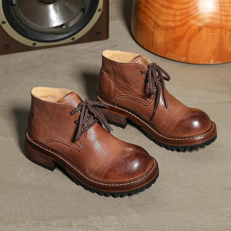 1461 Oxfords Women's Leather Booties Round Toe Lace-Up Ankle Boots Handmade in Brown/Coffee