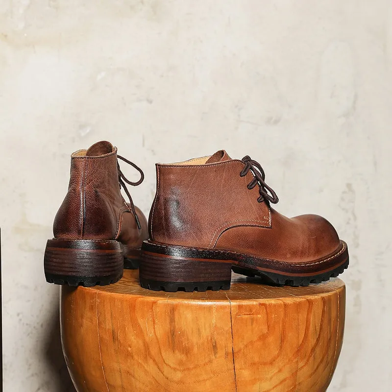 Shell Cordovan Oxfords Women's Leather Booties Round Toe Lace-Up Ankle Boots Handmade in Brown/Coffee