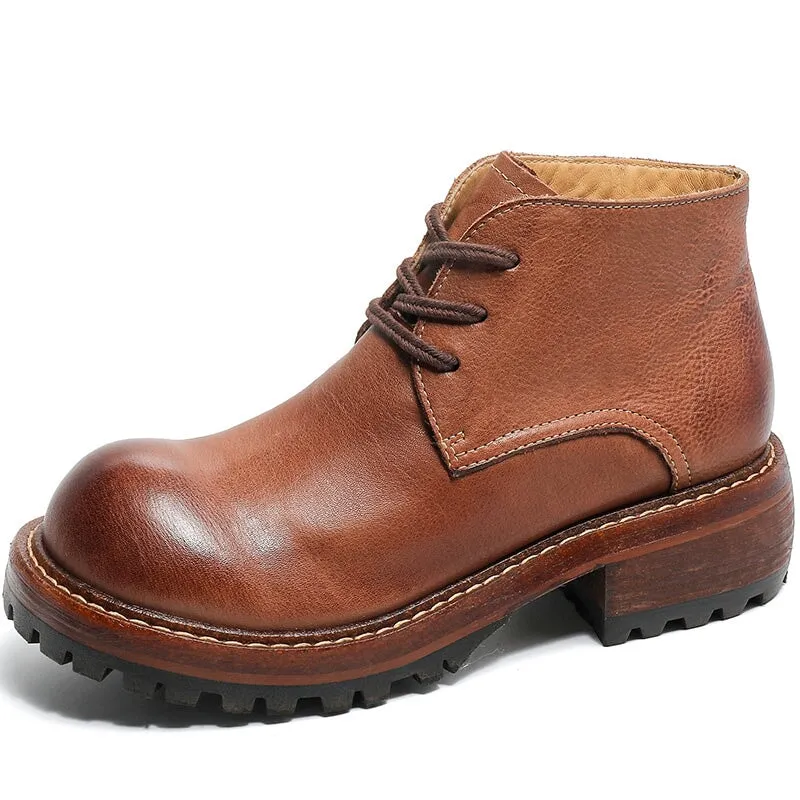 Viberg 145 Oxford Women's Leather Booties Round Toe Lace-Up Ankle Boots Handmade in Brown/Coffee