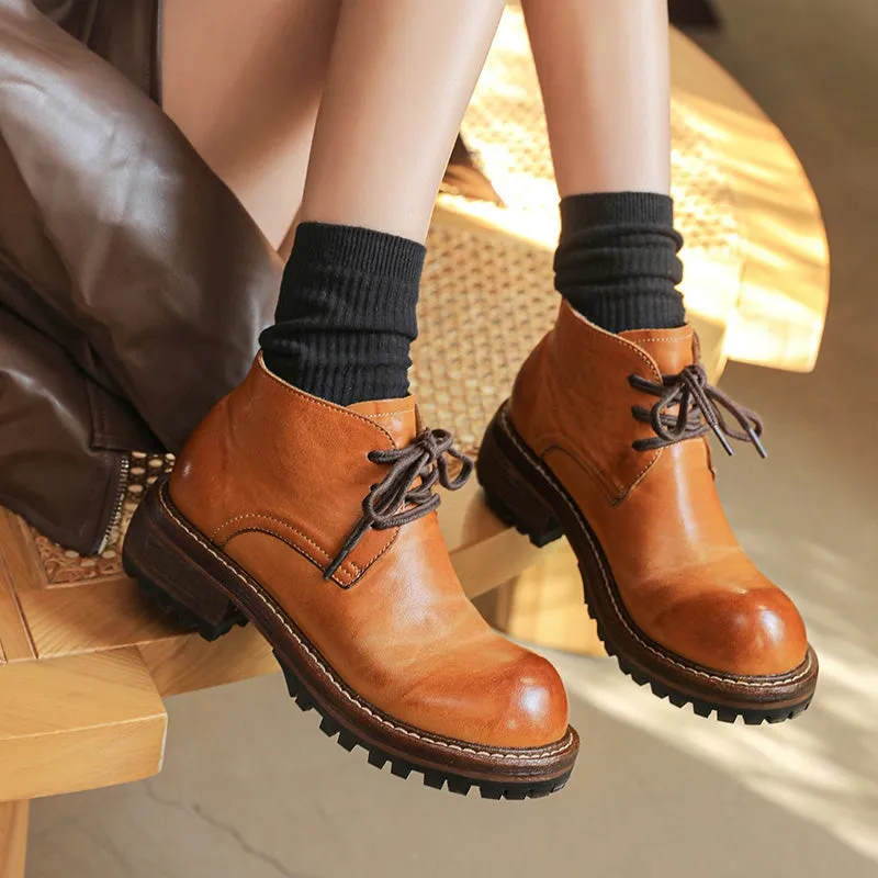 Women's Leather Booties Round Toe Lace-Up Ankle Boots Handmade in Brown/Coffee Fendi Oxfords