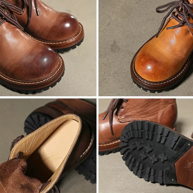 Oxfords Meaning Women's Leather Booties Round Toe Lace-Up Ankle Boots Handmade in Brown/Coffee