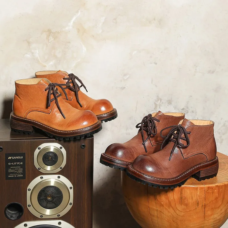 Artisan Fenni Platform Oxfords Women's Leather Booties Round Toe Lace-Up Ankle Boots Handmade in Brown/Coffee