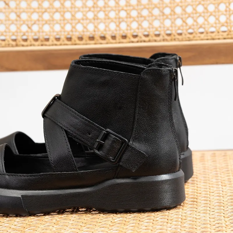 Platform Summer Sandals Boots Soft Leather Wrap Ankle Bootie Buckle Sandals New Oxford