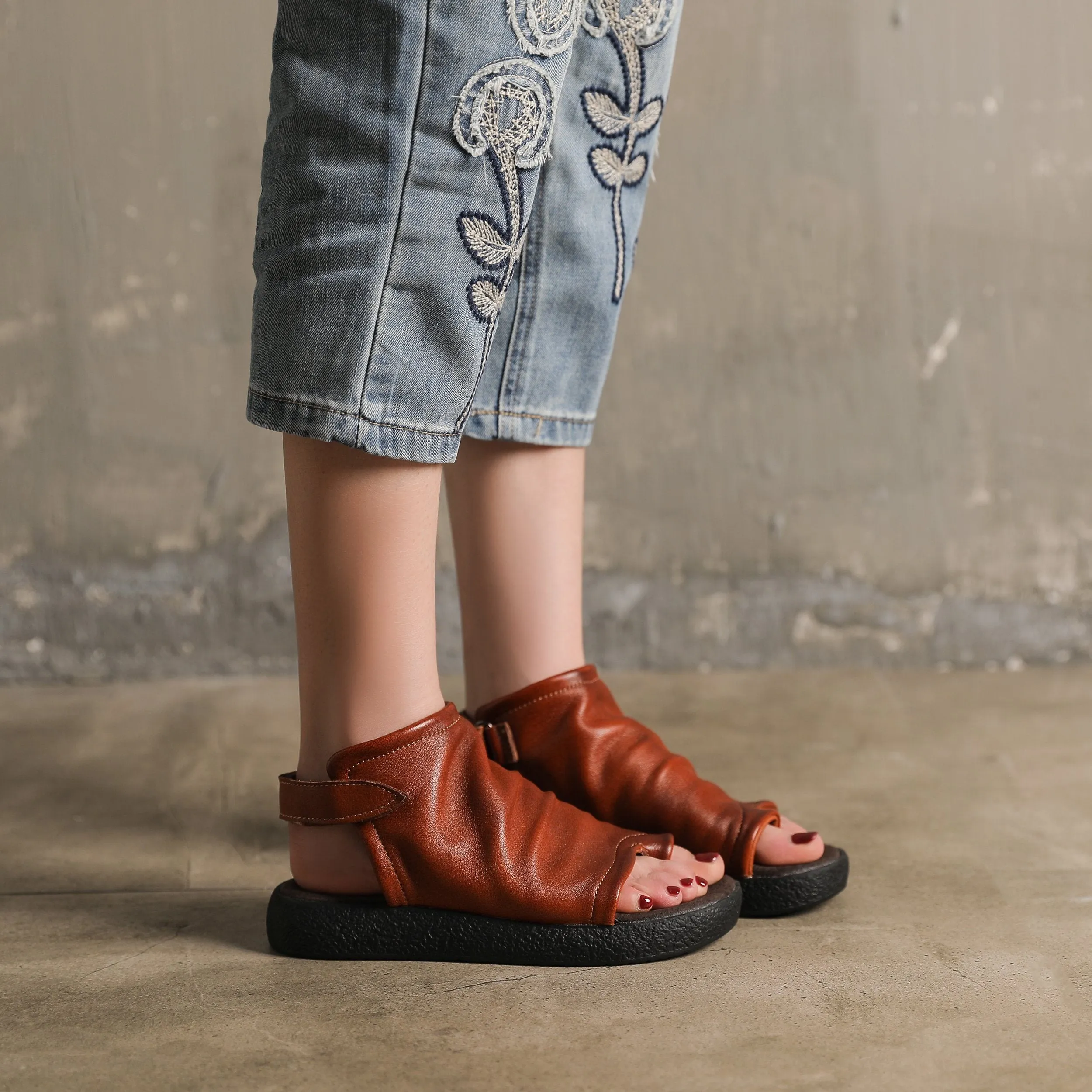 Toe Post Sandals Boots Cowhide Leather Comfortable Slingback Wrap Ankle Summer Boots Black/Brown/Coffee Button Down Oxford Shirt