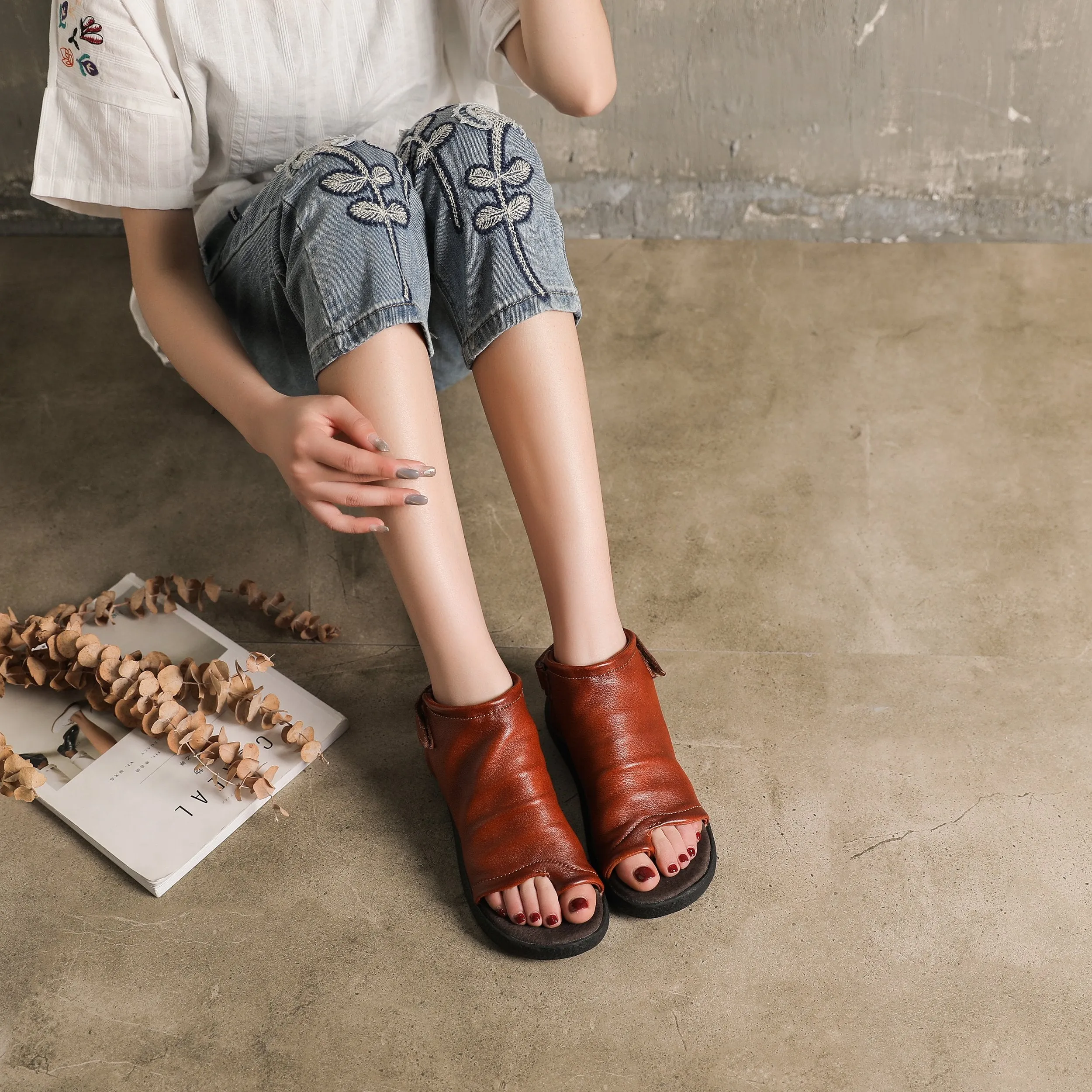 8053 Oxfords Toe Post Sandals Boots Cowhide Leather Comfortable Slingback Wrap Ankle Summer Boots Black/Brown/Coffee