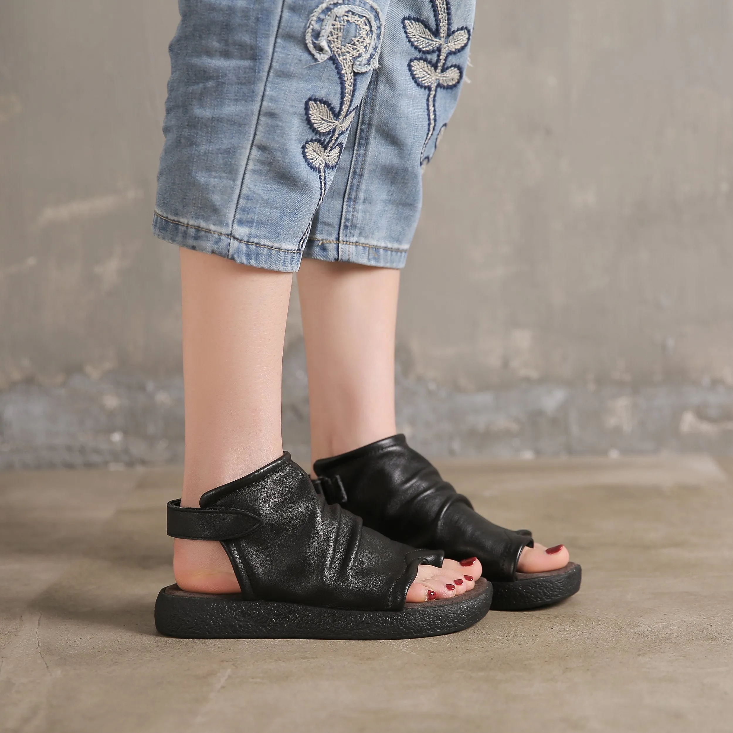 300d Oxford Fabric Toe Post Sandals Boots Cowhide Leather Comfortable Slingback Wrap Ankle Summer Boots Black/Brown/Coffee