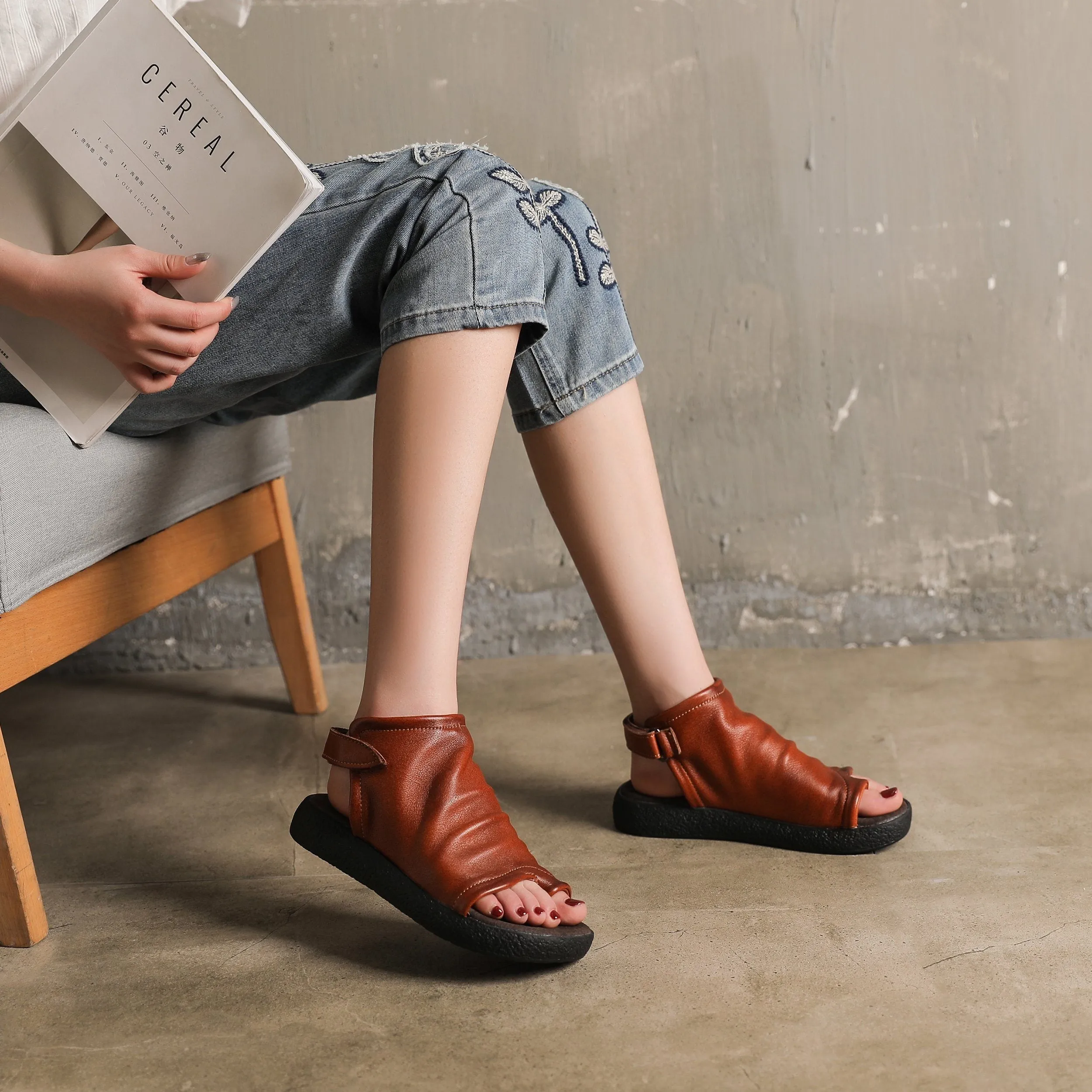 Brogues Before Oxfords Toe Post Sandals Boots Cowhide Leather Comfortable Slingback Wrap Ankle Summer Boots Black/Brown/Coffee