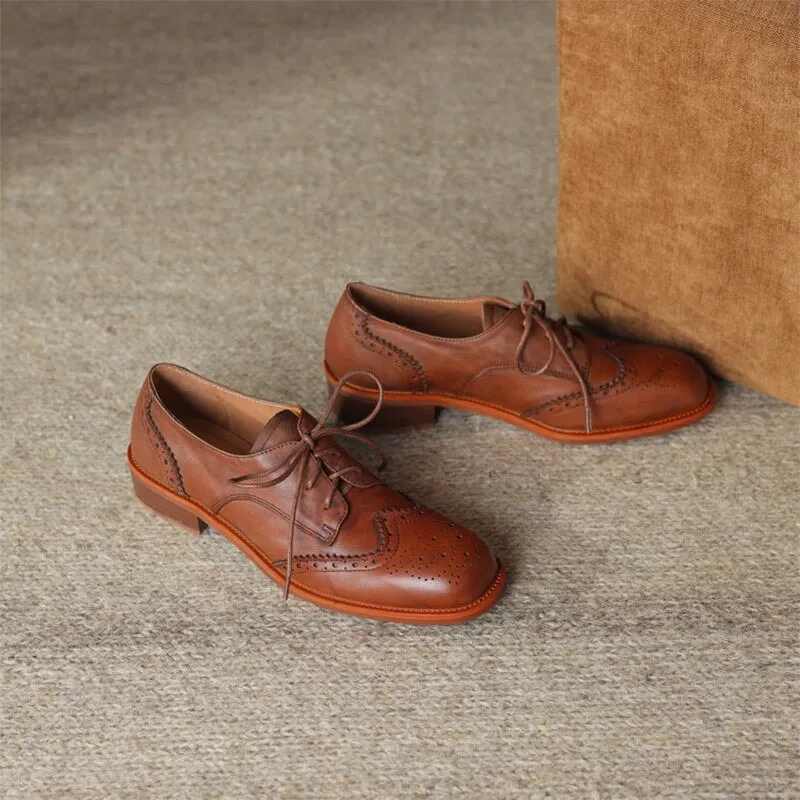 Top Layer Cowhide Brogue Shoes Lace Up Oxford Tie Shoes for Women in Brown/Black Shoes Comfortable