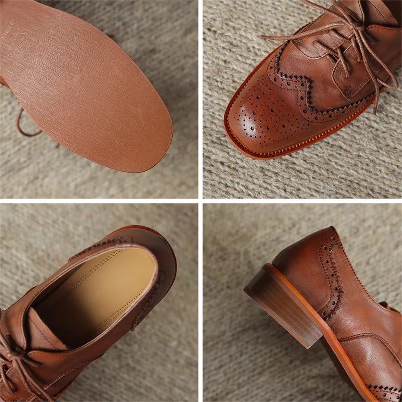 Top Layer Cowhide Brogue Shoes Lace Up Oxford Tie Shoes for Women in Brown/Black Emma Oxfords