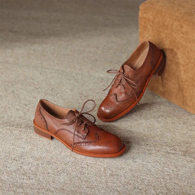 Top Layer Cowhide Brogue Shoes Lace Up Oxford Tie Shoes for Women in Brown/Black Lace Up Leather Oxfords