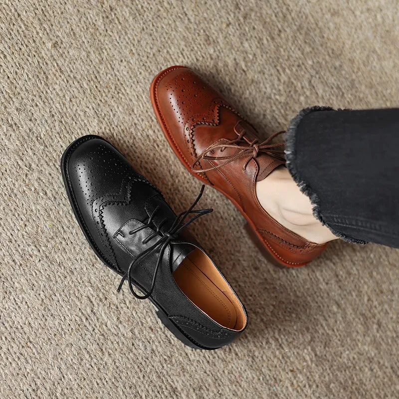 2.zerøgrand Oxfords Top Layer Cowhide Brogue Shoes Lace Up Oxford Tie Shoes for Women in Brown/Black