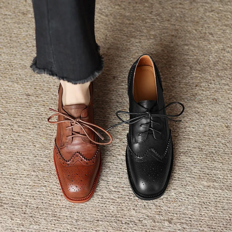 Top Layer Cowhide Brogue Shoes Lace Up Oxford Tie Shoes for Women in Brown/Black Bucks Vs Oxfords