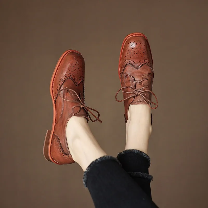 Top Layer Cowhide Brogue Shoes Lace Up Oxford Tie Shoes for Women in Brown/Black Dsw Oxford Shoes