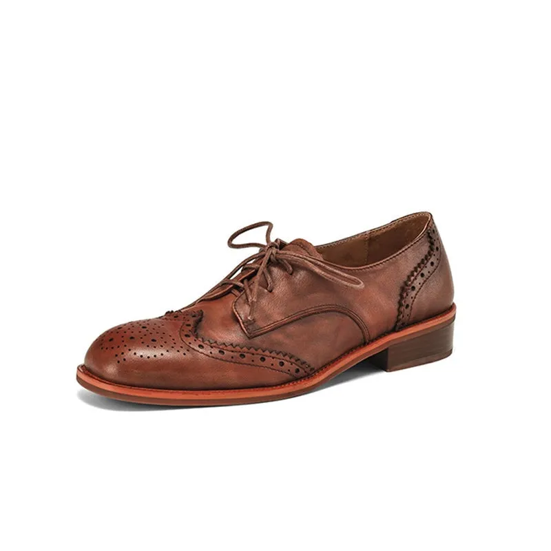 Top Layer Cowhide Brogue Shoes Lace Up Oxford Tie Shoes for Women in Brown/Black 300d Oxford Fabric